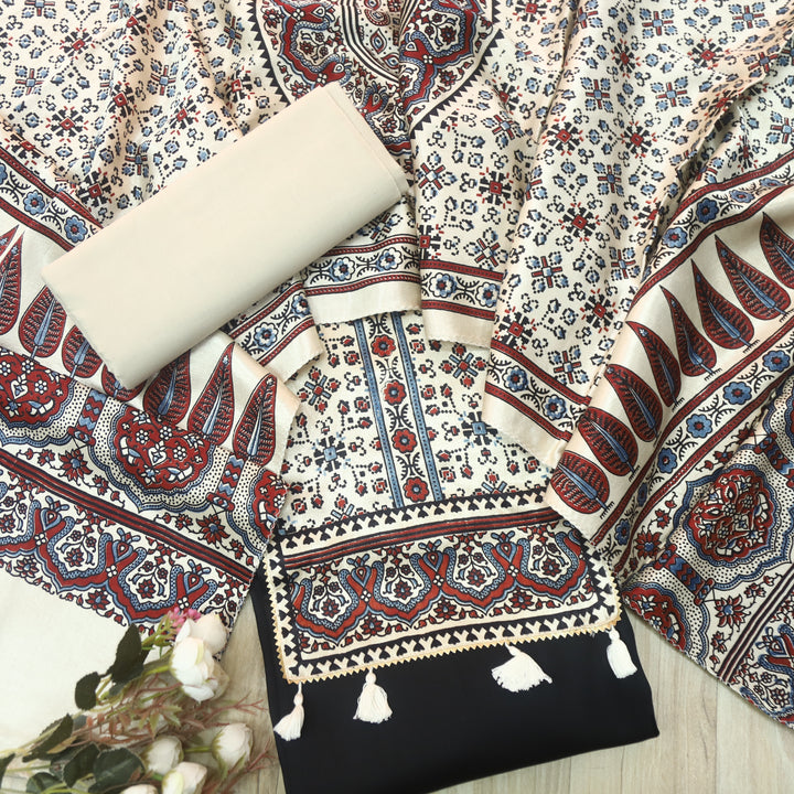 Kushal Raven Black Glazed Cotton Top and Printed Mashru Dupatta-D2