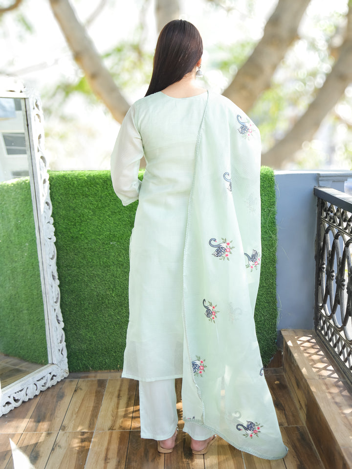 Kaveri Breezy Mint Bird Style Kardana Neck Yoke Work Kota Doriya 3 Piece Set