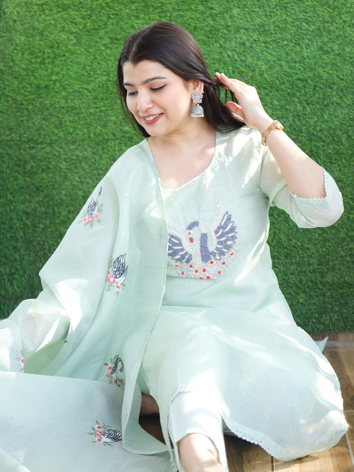 Kaveri Breezy Mint Bird Style Kardana Neck Yoke Work Kota Doriya 3 Piece Set