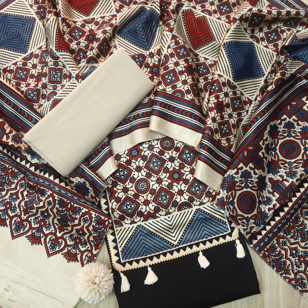 Kushal Raven Black Glazed Cotton Top and Printed Mashru Dupatta-D4