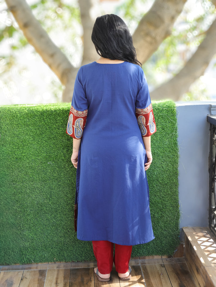 Vrishti Denim Blue Angrakha Neck with Knot Paisley Printed Hemline Cotton Kurti