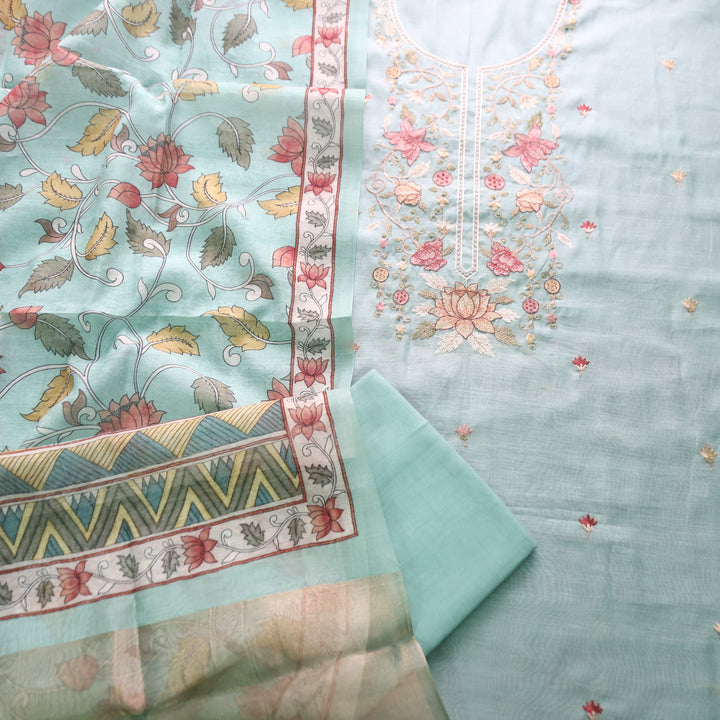 Maria Ocean Aqua Embroidery and Zari Mul Chanderi Set