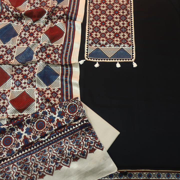 Kushal Raven Black Glazed Cotton Top and Printed Mashru Dupatta-D4