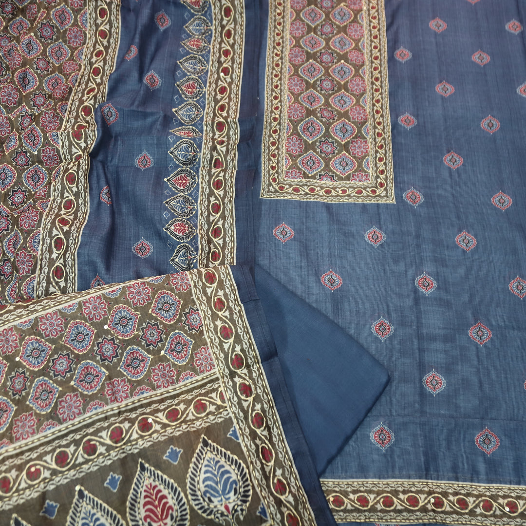 Sohni Sapphire Blue All Over Kantha Embroidery with Printed Work Chanderi Set