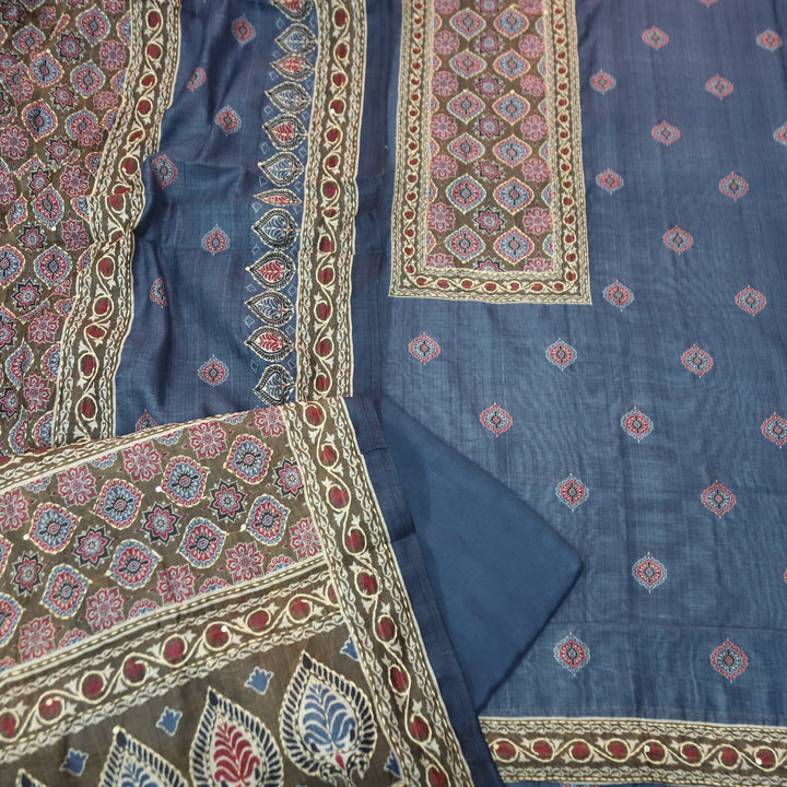 Sohni Sapphire Blue All Over Kantha Embroidery with Printed Work Chanderi Set