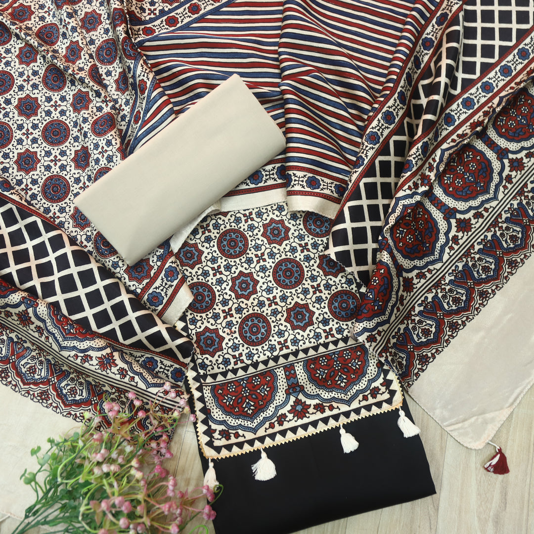 Kushal Raven Black Glazed Cotton Top and Printed Mashru Dupatta-D5