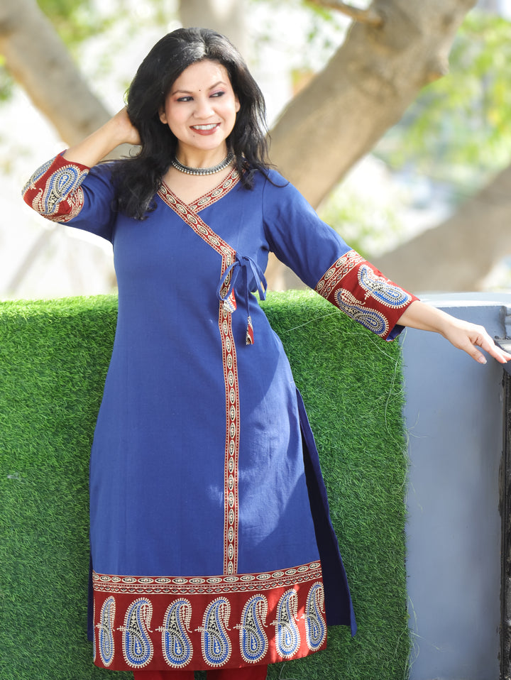 Vrishti Denim Blue Angrakha Neck with Knot Paisley Printed Hemline Cotton Kurti