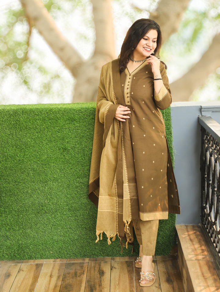 Haniya Olive Green Temple Print with Polti Button Thread Weaved South Cotton 3 Piece Set