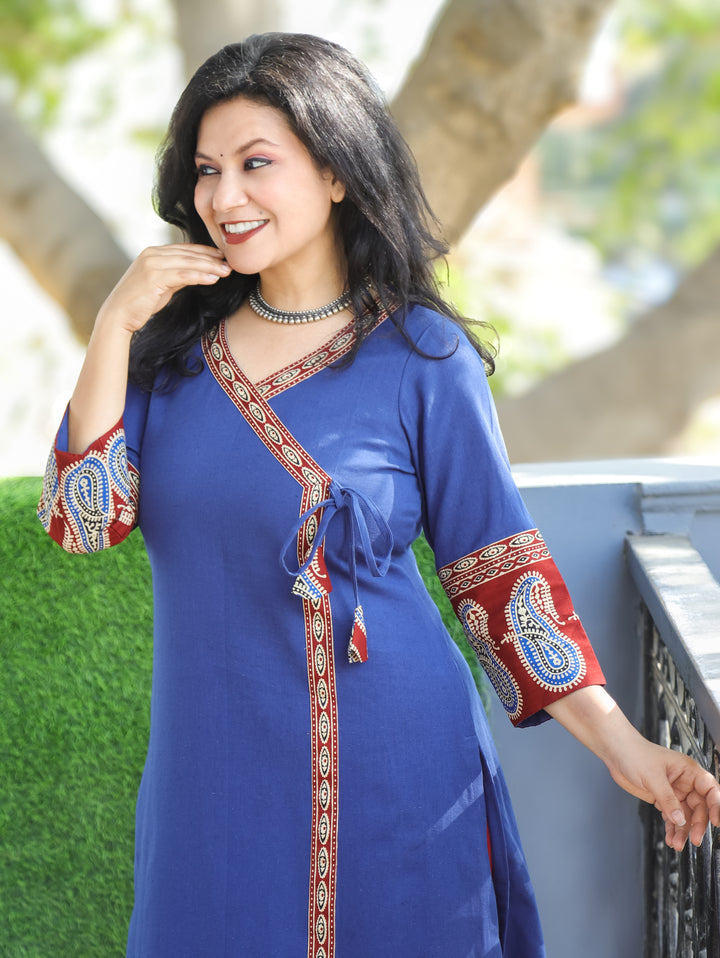 Vrishti Denim Blue Angrakha Neck with Knot Paisley Printed Hemline Cotton Kurti