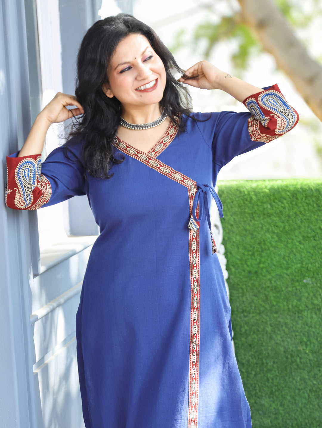 Vrishti Denim Blue Angrakha Neck with Knot Paisley Printed Hemline Cotton Kurti