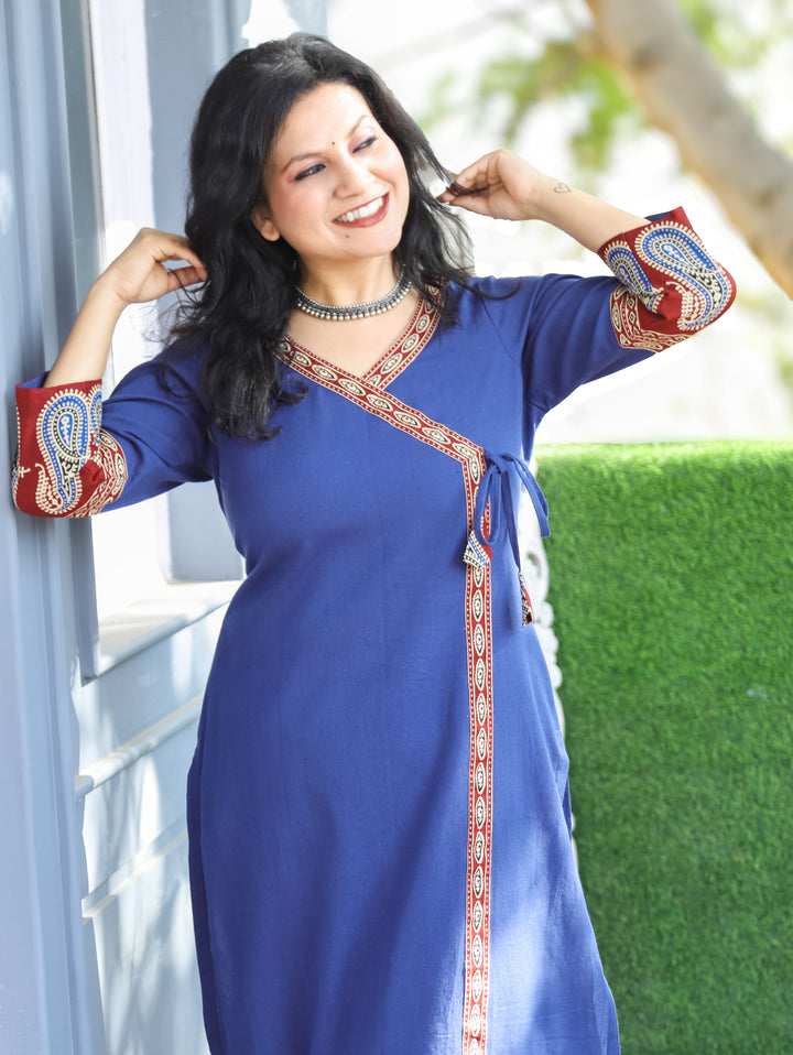 Vrishti Denim Blue Angrakha Neck with Knot Paisley Printed Hemline Cotton Kurti