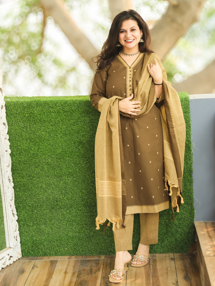 Haniya Olive Green Temple Print with Polti Button Thread Weaved South Cotton 3 Piece Set