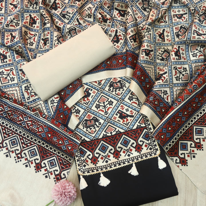 Kushal Raven Black Glazed Cotton Top and Printed Mashru Dupatta-D3