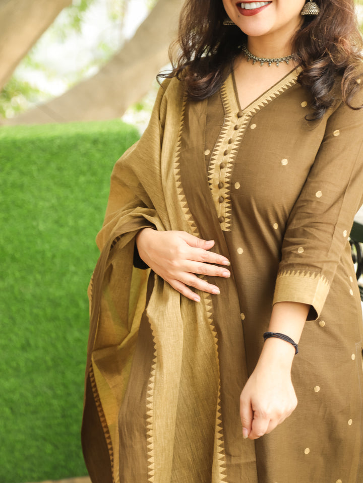 Haniya Olive Green Temple Print with Polti Button Thread Weaved South Cotton 3 Piece Set