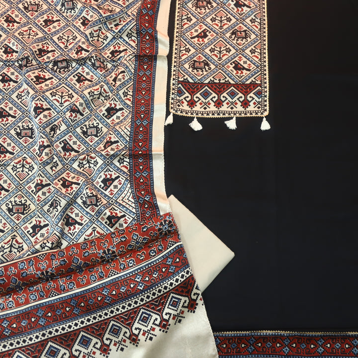 Kushal Raven Black Glazed Cotton Top and Printed Mashru Dupatta-D3