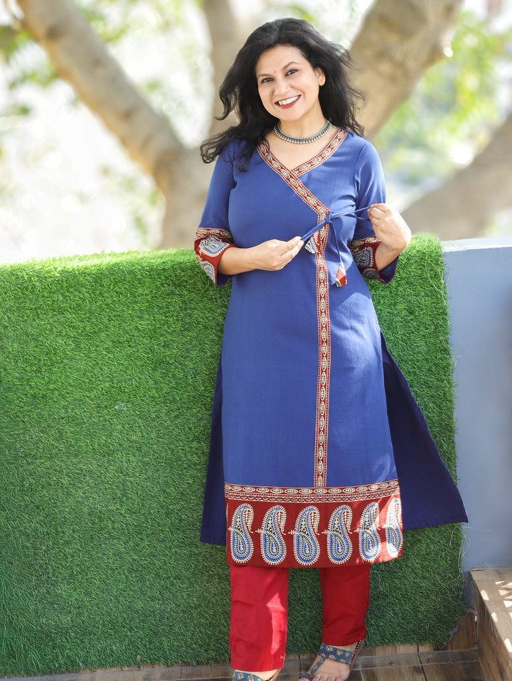 Vrishti Denim Blue Angrakha Neck with Knot Paisley Printed Hemline Cotton Kurti