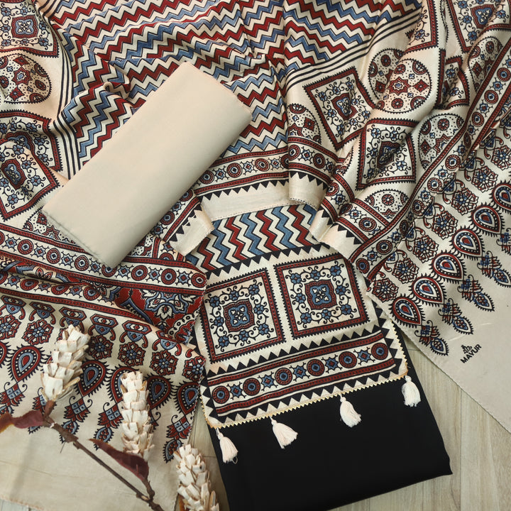 Kushal Raven Black Glazed Cotton Top and Printed Mashru Dupatta-D1