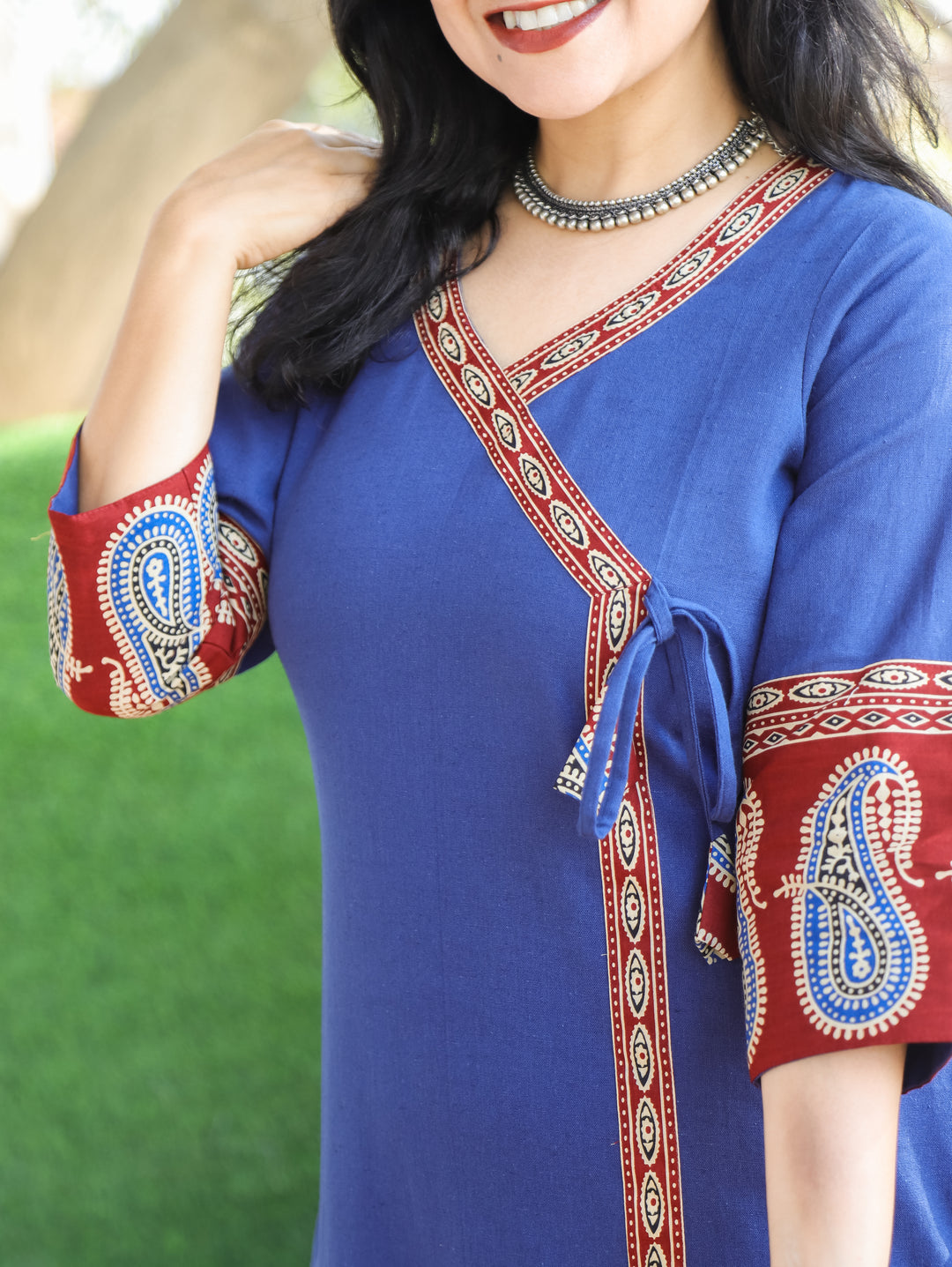 Vrishti Denim Blue Angrakha Neck with Knot Paisley Printed Hemline Cotton Kurti
