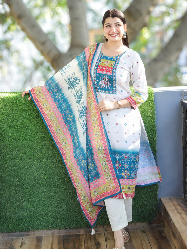 Swarna Cream White with Blue Digital Printed with Mirror Work Rayon Linen 3 Piece Set