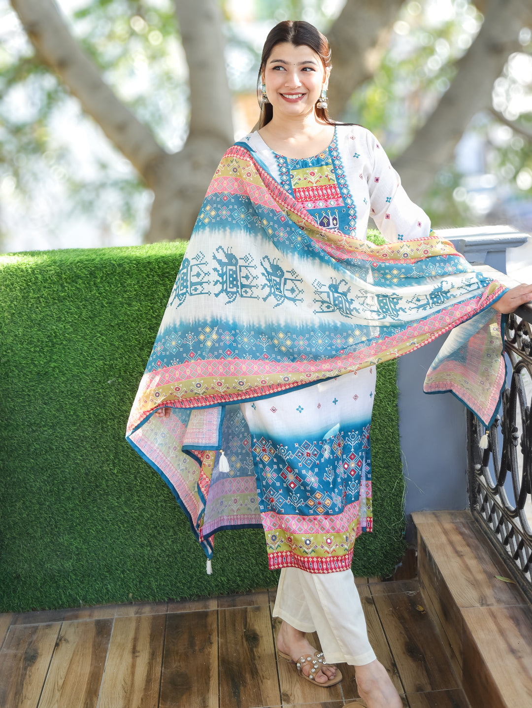 Swarna Cream White with Blue Digital Printed with Mirror Work Rayon Linen 3 Piece Set