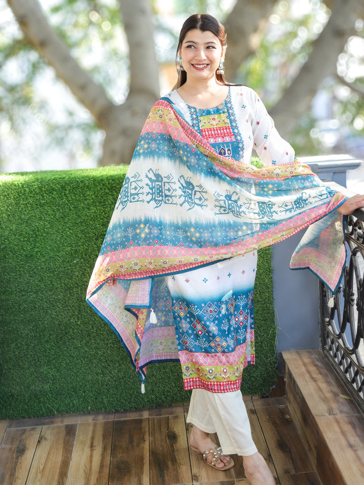 Swarna Cream White with Blue Digital Printed with Mirror Work Rayon Linen 3 Piece Set