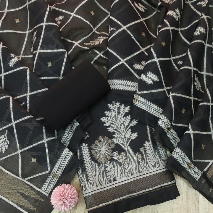 Jannat Raven Black Floral Authentic Jamdani Top and Dupatta Suit Set