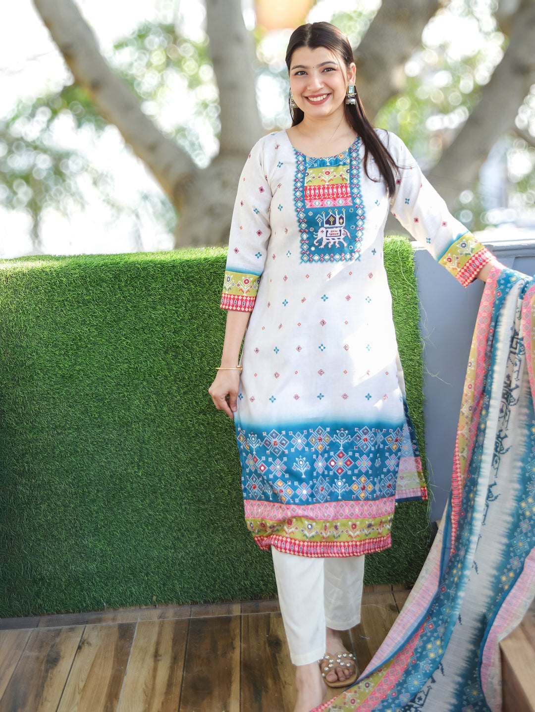 Swarna Cream White with Blue Digital Printed with Mirror Work Rayon Linen 3 Piece Set