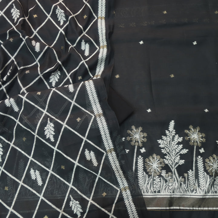 Jannat Raven Black Floral Authentic Jamdani Top and Dupatta Suit Set