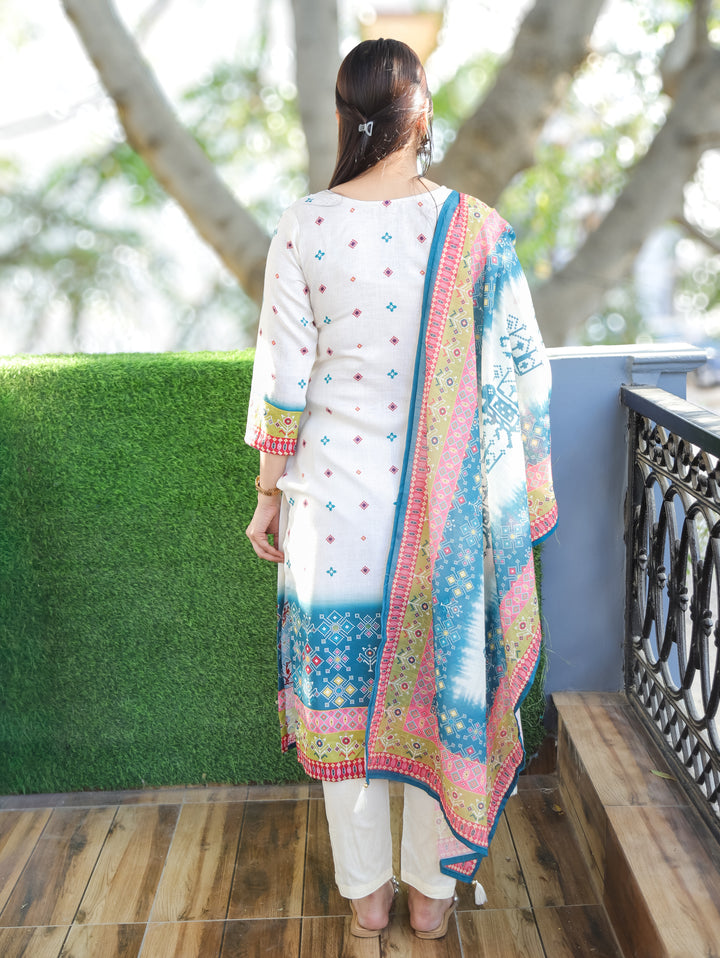 Swarna Cream White with Blue Digital Printed with Mirror Work Rayon Linen 3 Piece Set