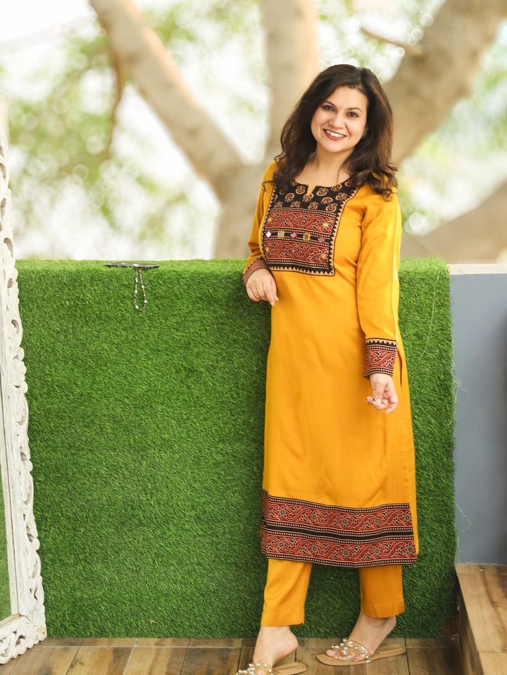 Soniya Turmeric Yellow Mirror Work Gamthi Print Yoke Winter Twill Kurti