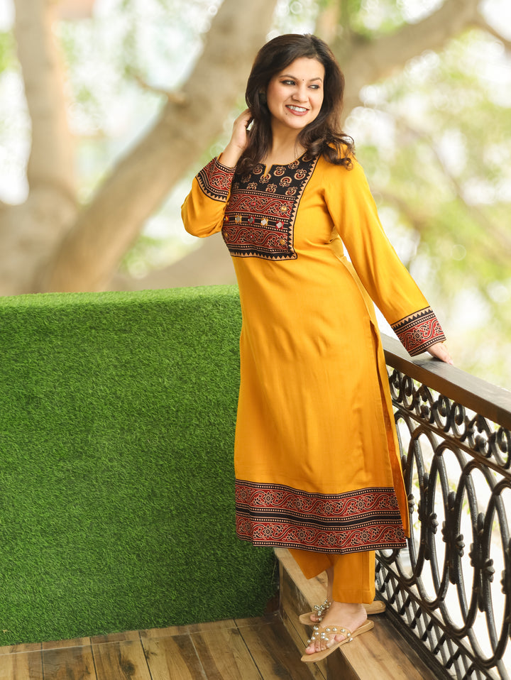Soniya Turmeric Yellow Mirror Work Gamthi Print Yoke Winter Twill Kurti