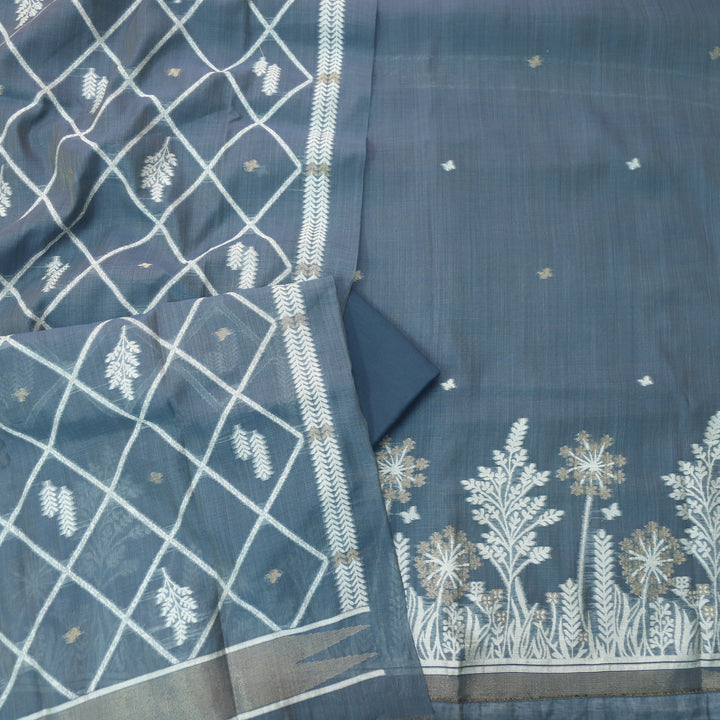 Jannat Cerulean Blue Floral Authentic Jamdani Top and Dupatta Suit Set
