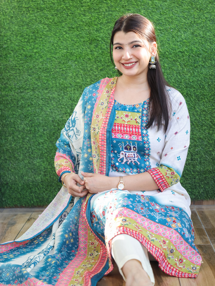 Swarna Cream White with Blue Digital Printed with Mirror Work Rayon Linen 3 Piece Set