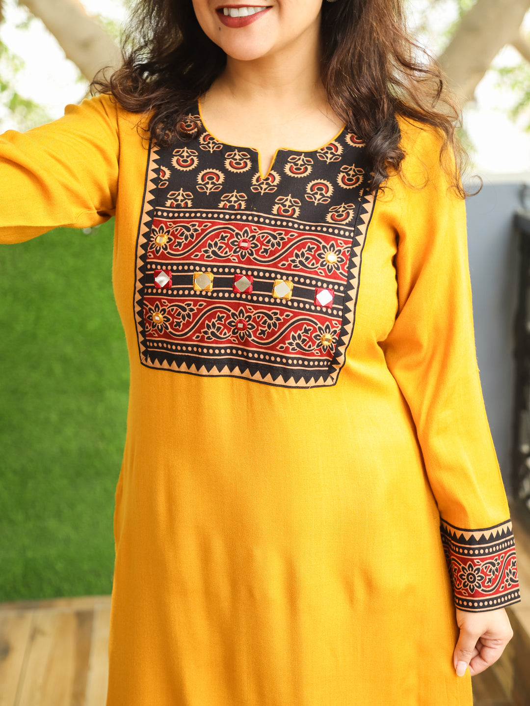 Soniya Turmeric Yellow Mirror Work Gamthi Print Yoke Winter Twill Kurti