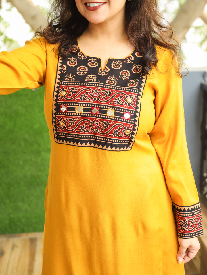 Soniya Turmeric Yellow Mirror Work Gamthi Print Yoke Winter Twill Kurti