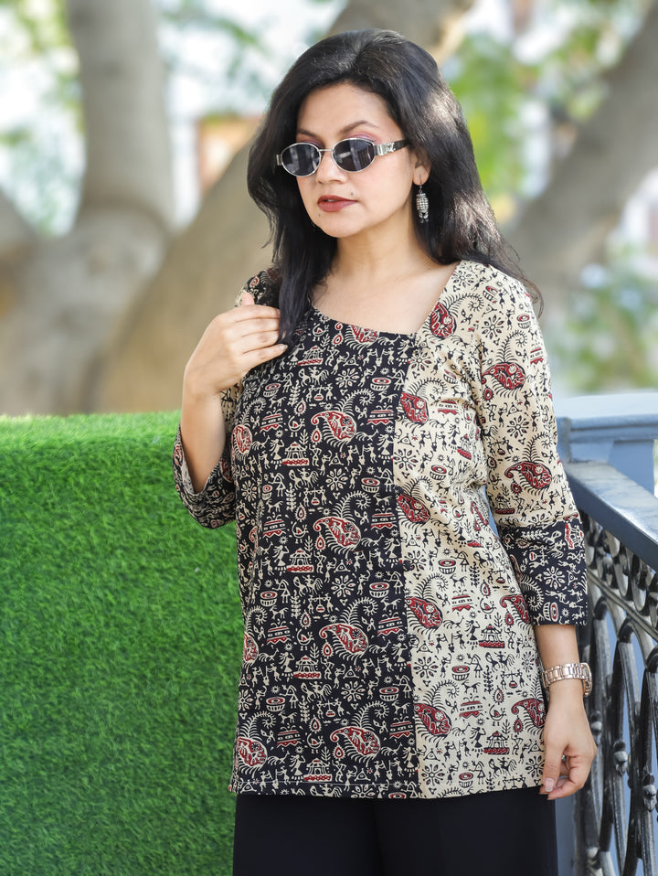 Maya Beige Square Neck with Black Potli Button Side Panel Warli Printed Short Cotton Kurti