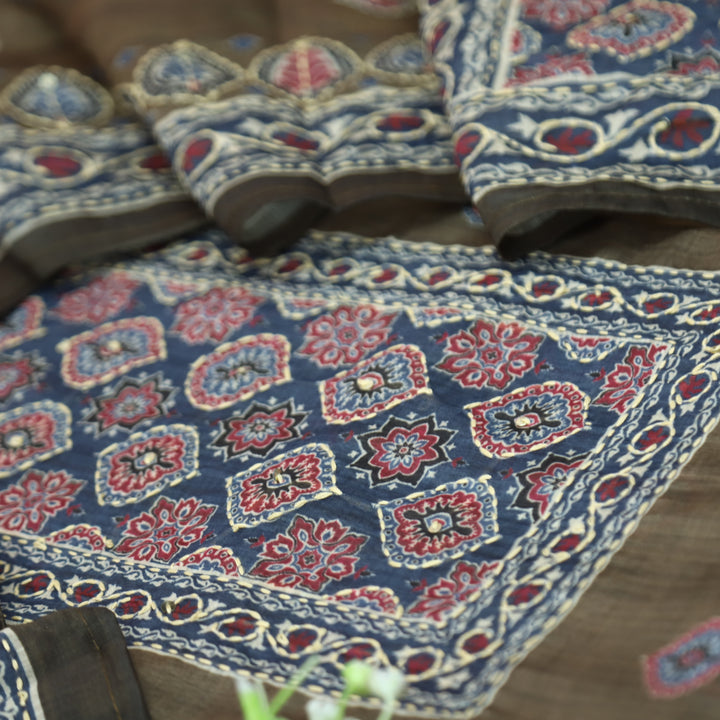 Sohni Peanut Tan All Over Kantha Embroidery with Printed Work Chanderi Set