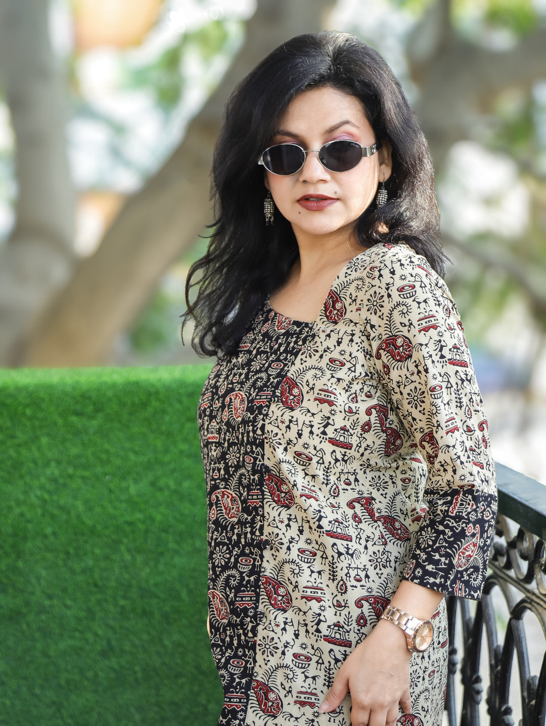 Maya Beige Square Neck with Black Potli Button Side Panel Warli Printed Short Cotton Kurti