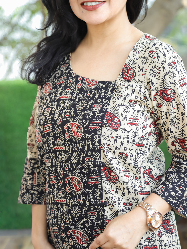 Maya Beige Square Neck with Black Potli Button Side Panel Warli Printed Short Cotton Kurti