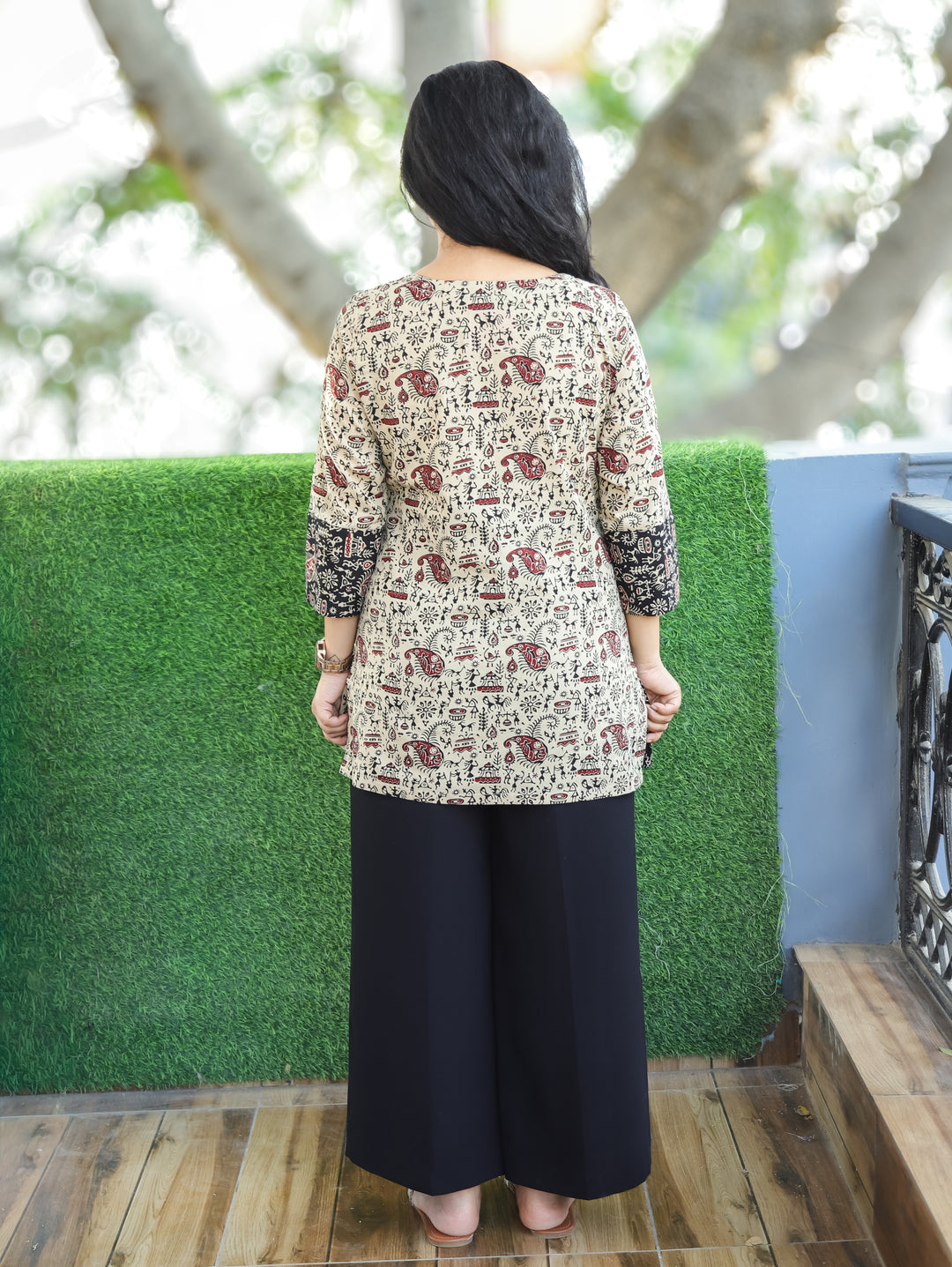 Maya Beige Square Neck with Black Potli Button Side Panel Warli Printed Short Cotton Kurti