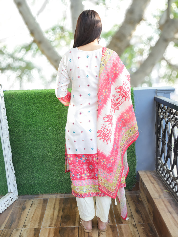 Swarna Cream White with Pink Digital Printed with Mirror Work Rayon Linen 3 Piece Set
