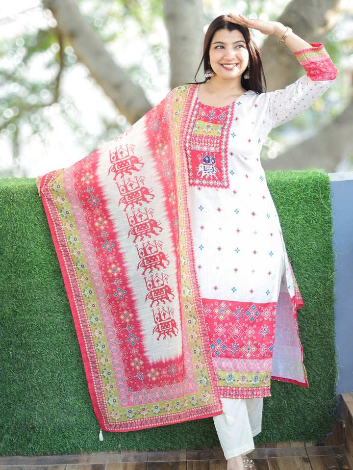 Swarna Cream White with Pink Digital Printed with Mirror Work Rayon Linen 3 Piece Set