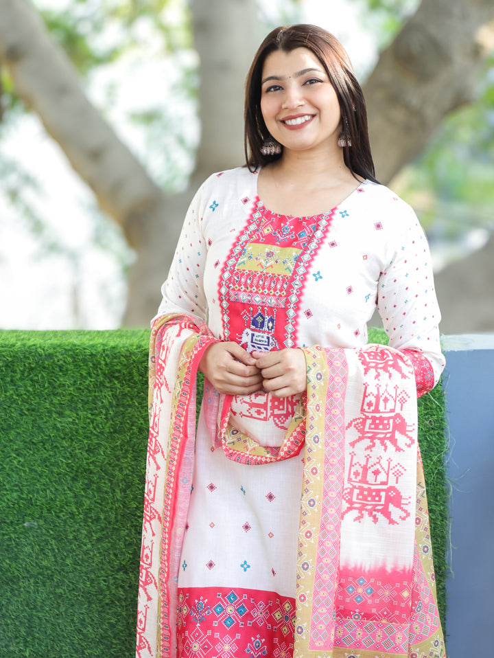 Swarna Cream White with Pink Digital Printed with Mirror Work Rayon Linen 3 Piece Set