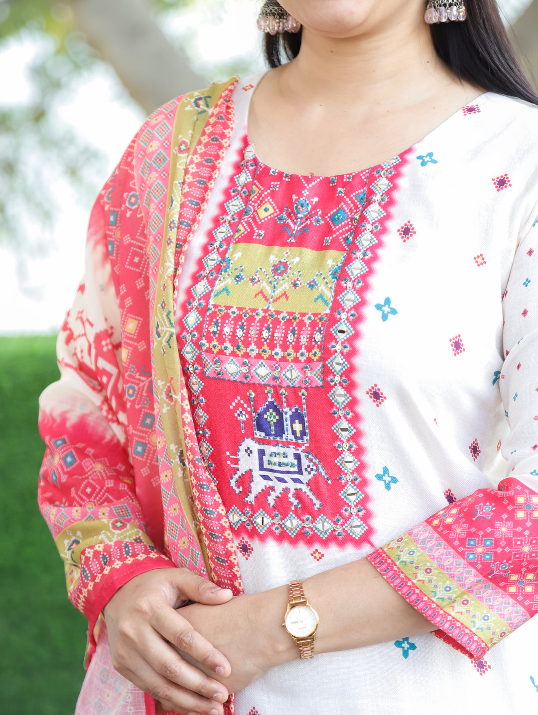 Swarna Cream White with Pink Digital Printed with Mirror Work Rayon Linen 3 Piece Set