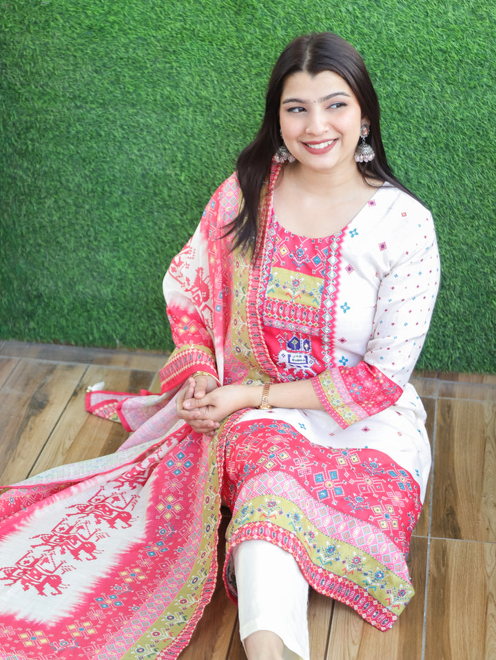 Swarna Cream White with Pink Digital Printed with Mirror Work Rayon Linen 3 Piece Set