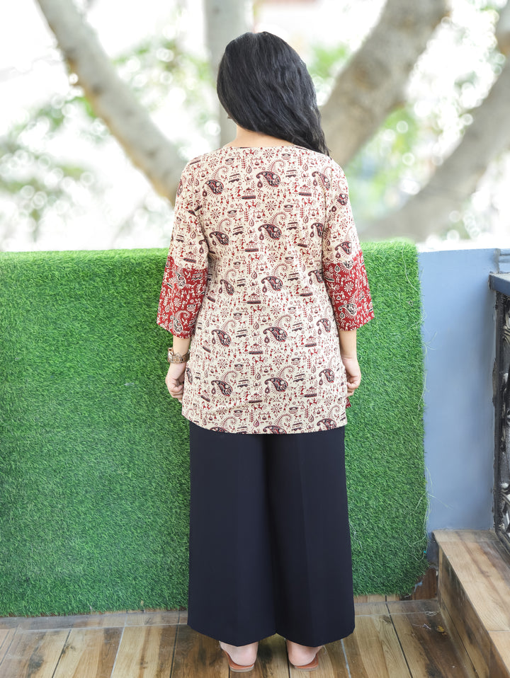 Maya Beige Square Neck with Red Potli Button Side Panel Warli Printed Short Cotton Kurti