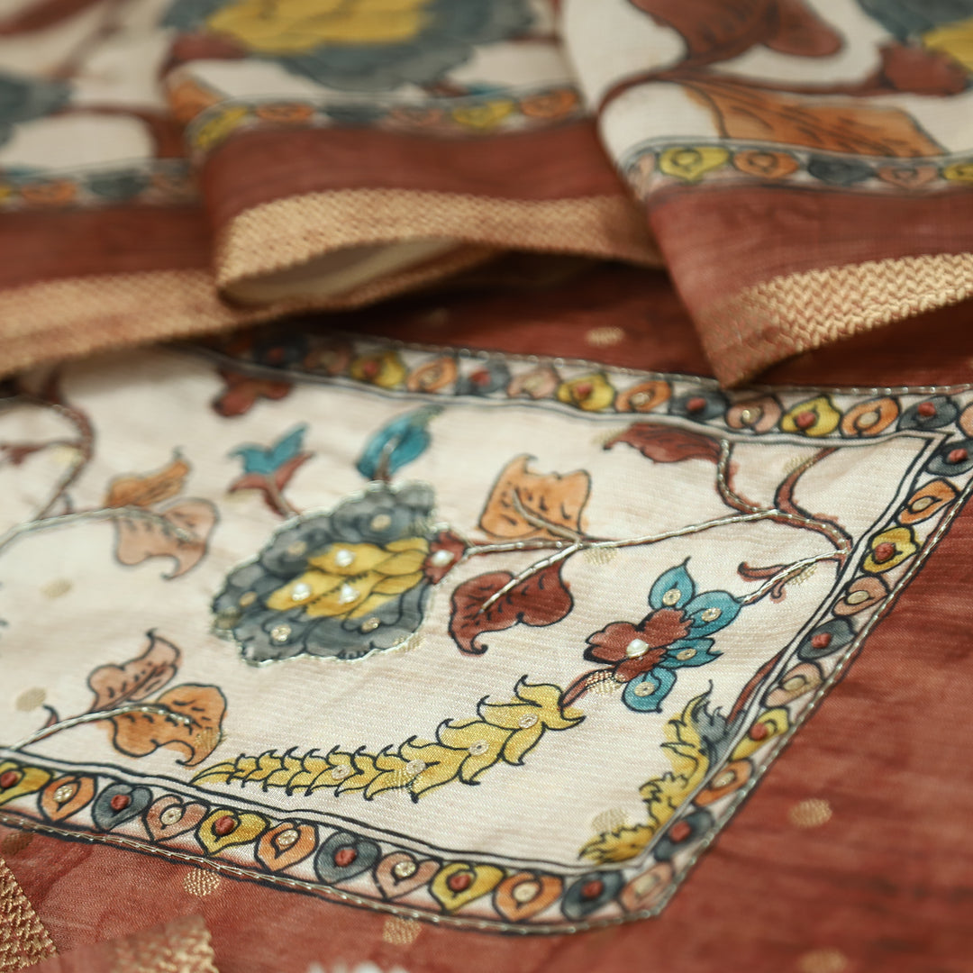 Maharaja Barn Maroon Spiral with Patra in Kalamkari Print Yoke Art Silk Chanderi Set