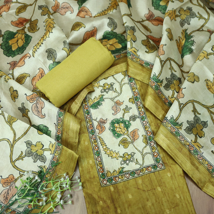 Maharaja Mustard Yellow Spiral with Patra in Kalamkari Print Yoke Art Silk Chanderi Set
