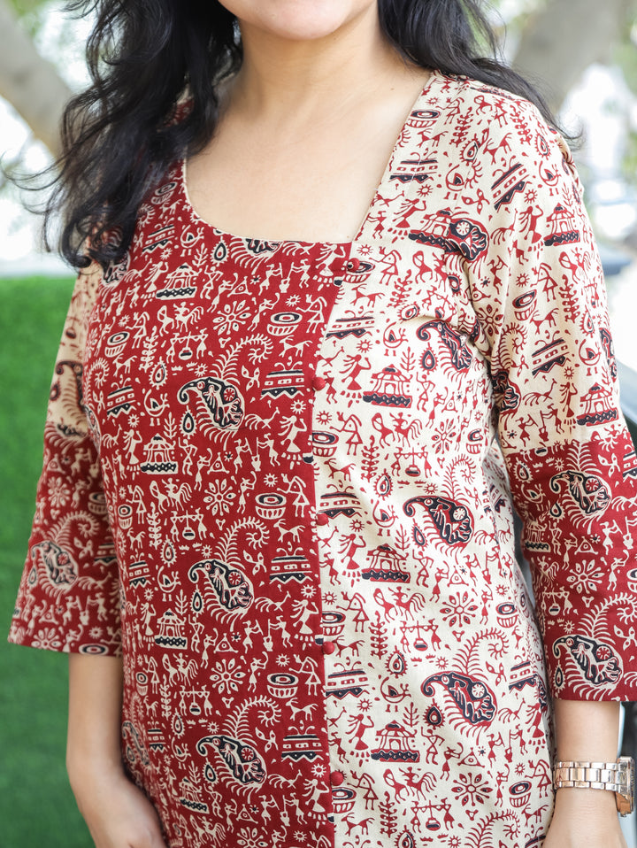 Maya Beige Square Neck with Red Potli Button Side Panel Warli Printed Short Cotton Kurti