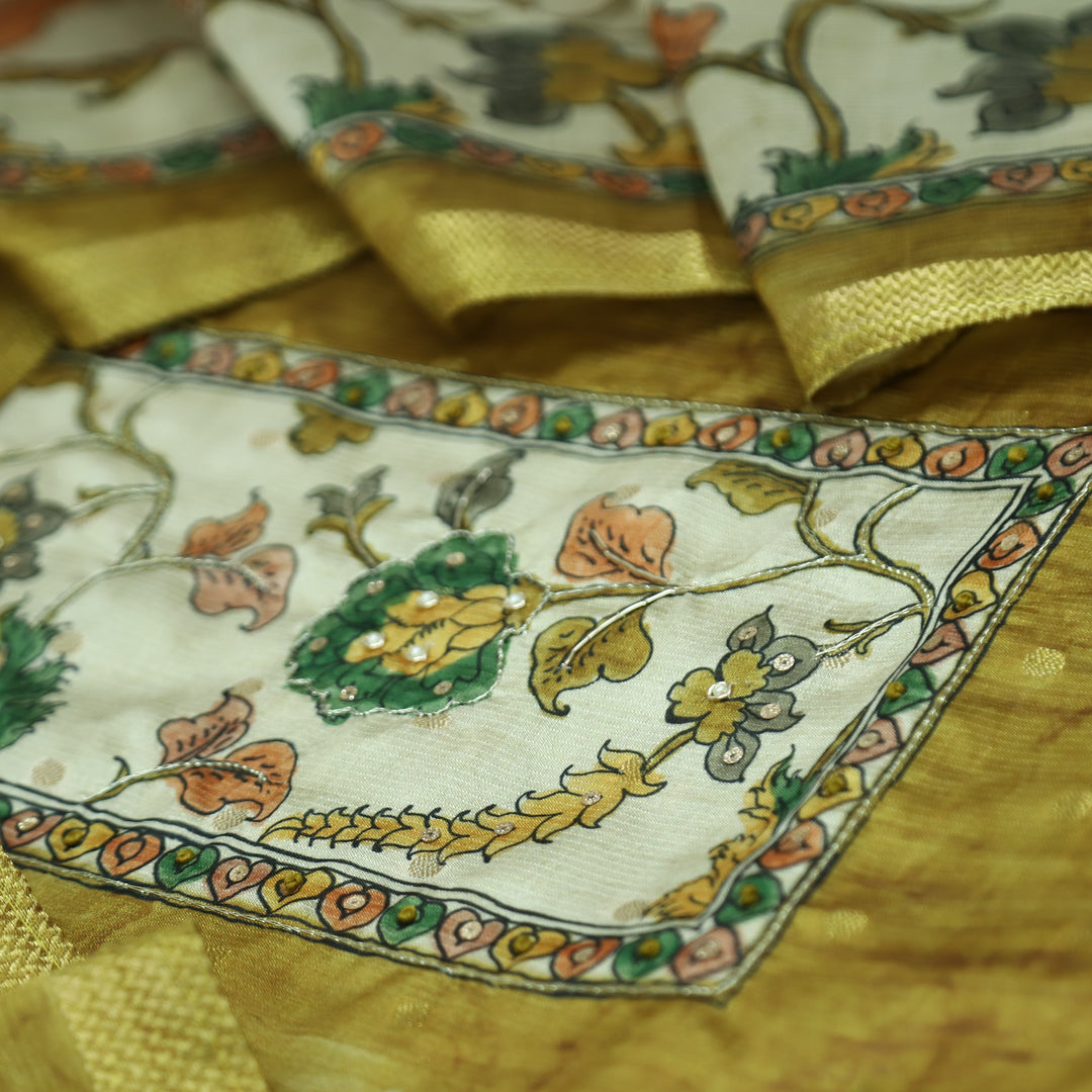 Maharaja Mustard Yellow Spiral with Patra in Kalamkari Print Yoke Art Silk Chanderi Set